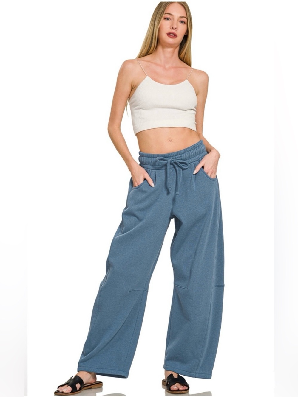 Zenana Barrel Wide Leg Drawstring Pants in Dusty Blue Fleece